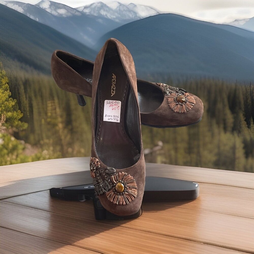 Apepazza Suede Leather‎ Ribbon & Beads Embroidered Shoes Floral Brown Size 37.5